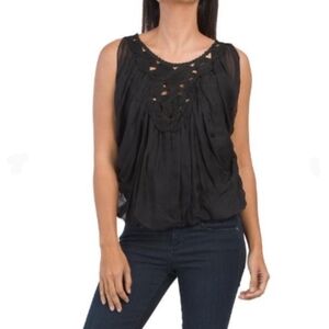 Leon Max Blouse 100% Silk Sleeveless Embroidered Sheer Overlay Lined Black L NWT